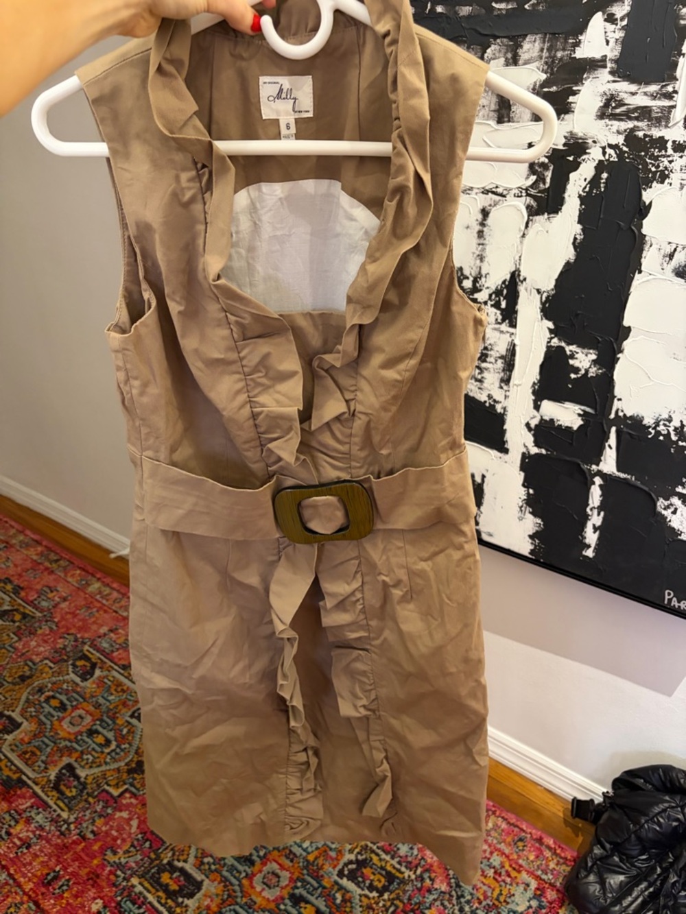 Milly Sleeveless Ruffle Front Belted Trench Dress - Tan